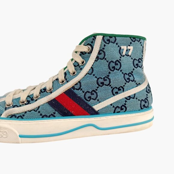 Gucci 1977 Tennis Blue GG Canvas High Top Sneakers Shoes Size 37 US 7 Women’s - Picture 8 of 14